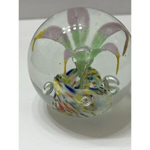 Wheaton Village Art Glass Paperweight Flower Pink Green Controlled Bubbles 3"
